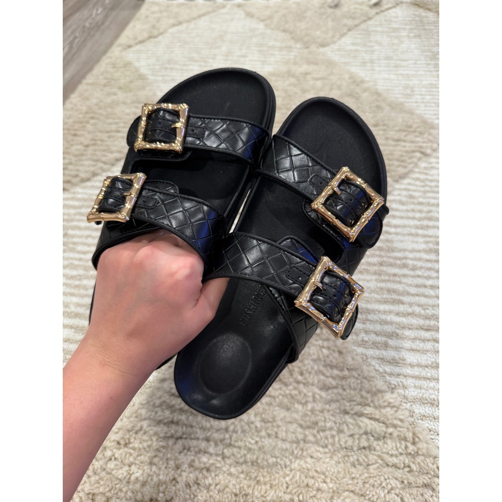 Cushionaire Womens Black Quilted Double Strap Buckle Slide‎ Sandals Size 8M - Picture 2 of 4